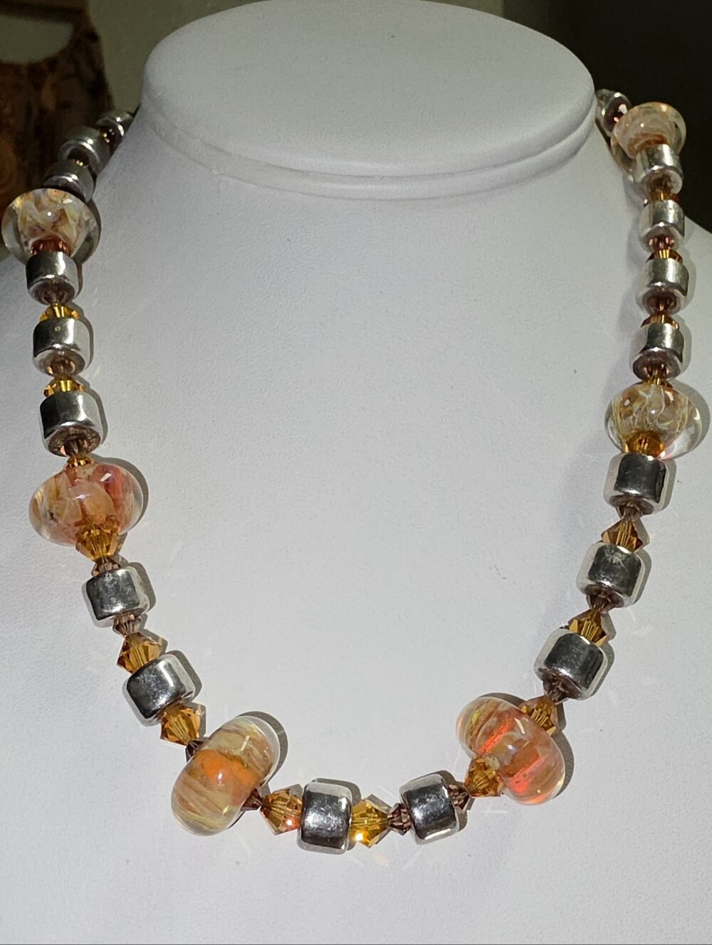 Artisan Lampwork Swirl Glass Necklace Faceted Amber Crystal Bicone Beads